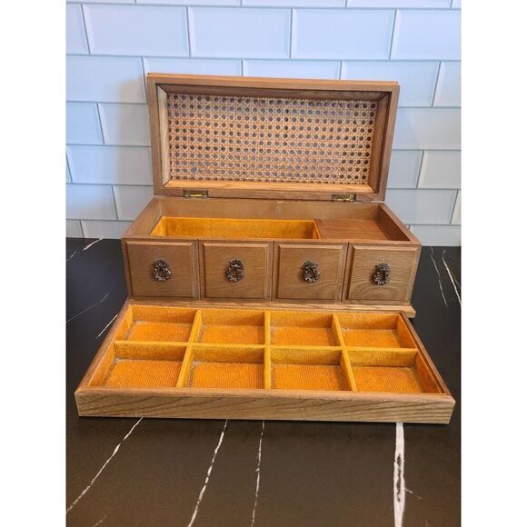 Vintage Mele Wooden Jewelry Dresser Music Box Cane Top Chest Boho Décor *FLAW* - Picture 5 of 16